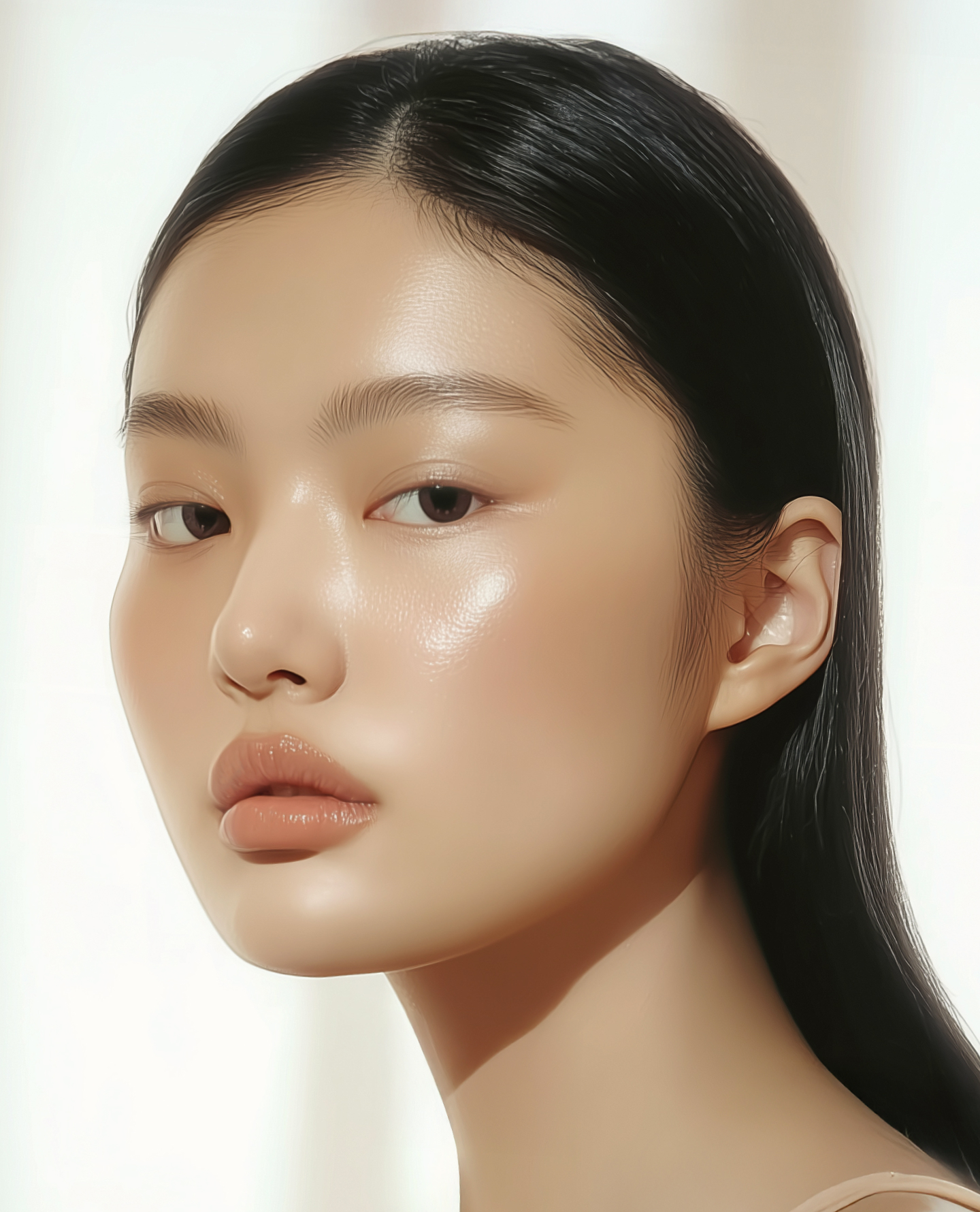 肌の質感が美しく際立つ、ナチュラルメイクの女性の顔アップ